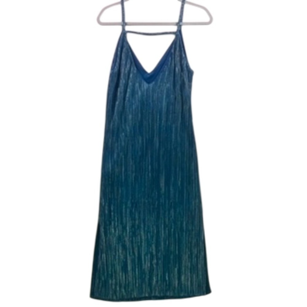 Boohoo Night Metallic Pleated Strappy Midi Dress Teal Blue Size 8 - Picture 2 of 16